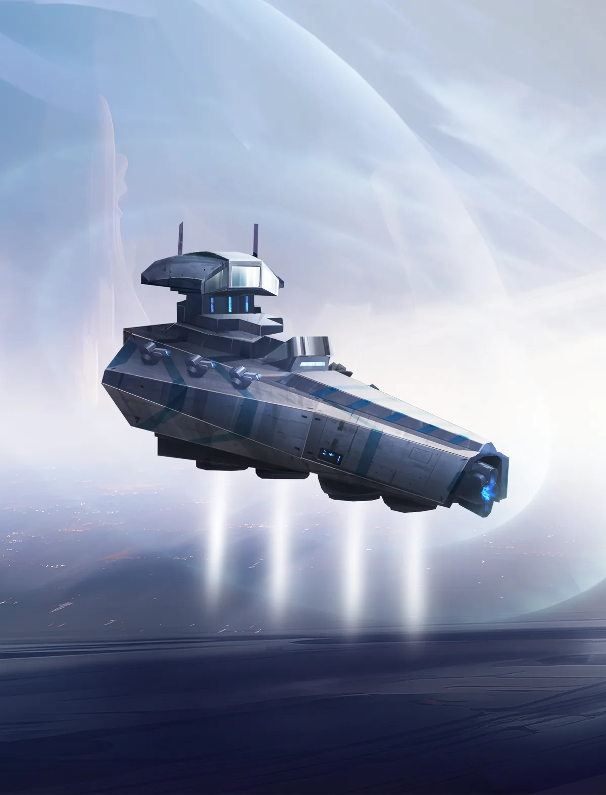 The Battlecruiser hovering in a pale blue haze