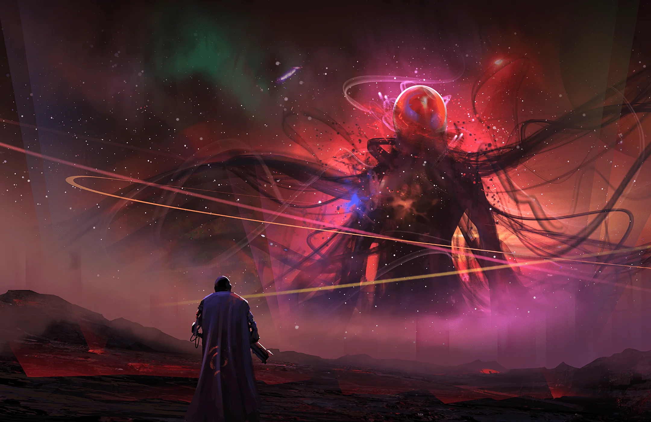 A lone figure facing a cosmic god on a crimson plain