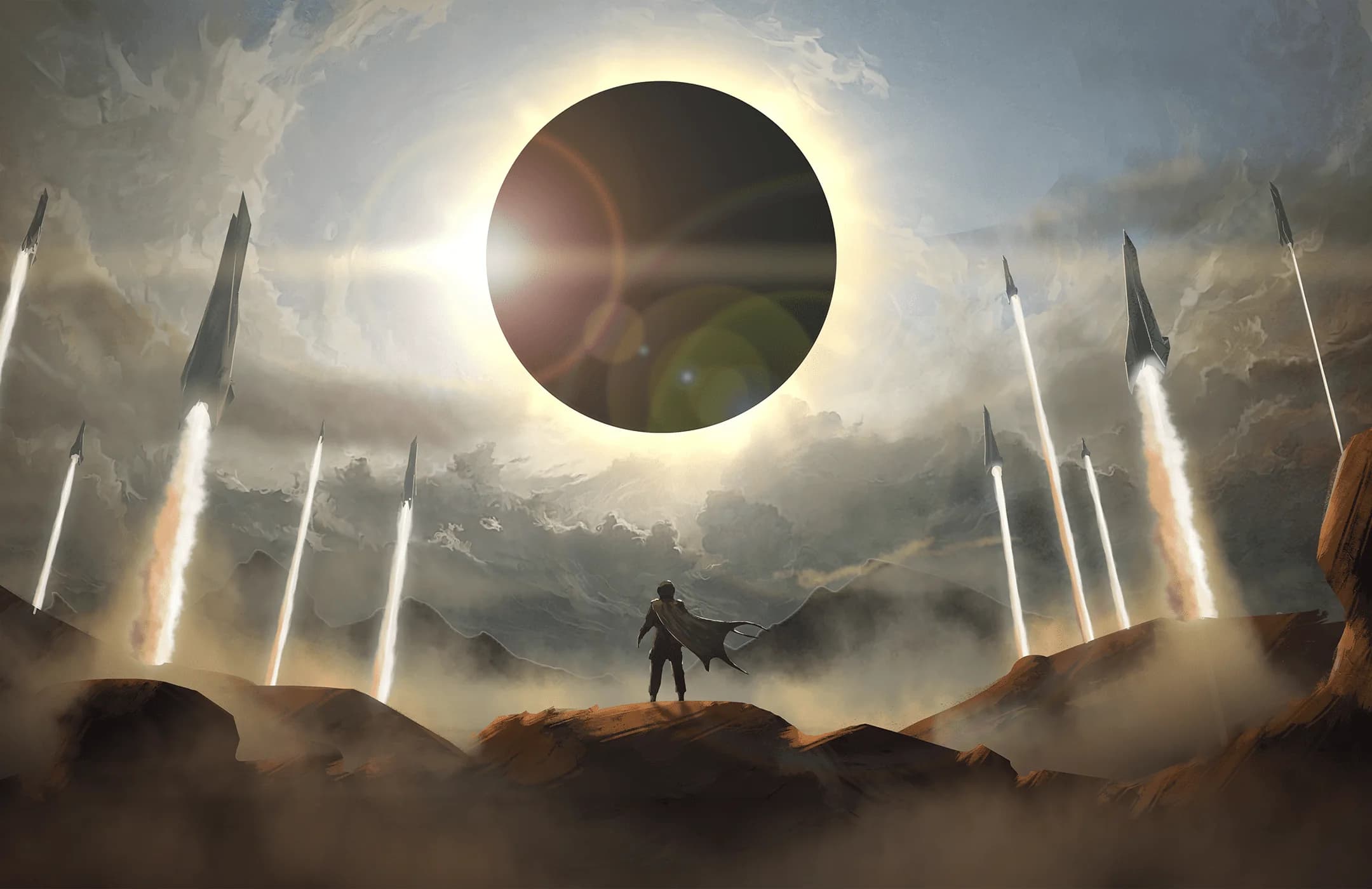Rockets launching beneath an eclipse — the Automata key art