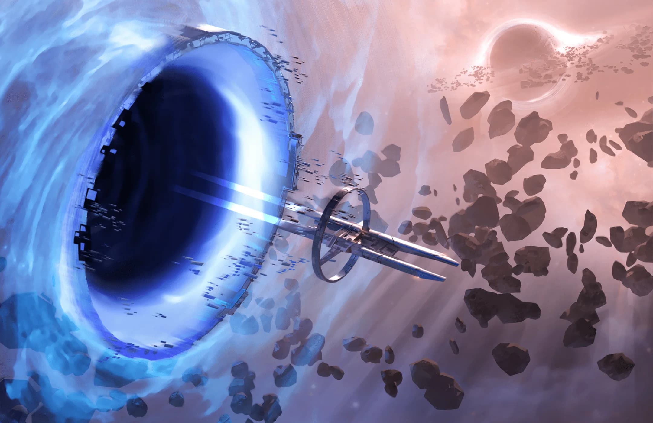 A ship entering a swirling blue wormhole — the First Edition key art