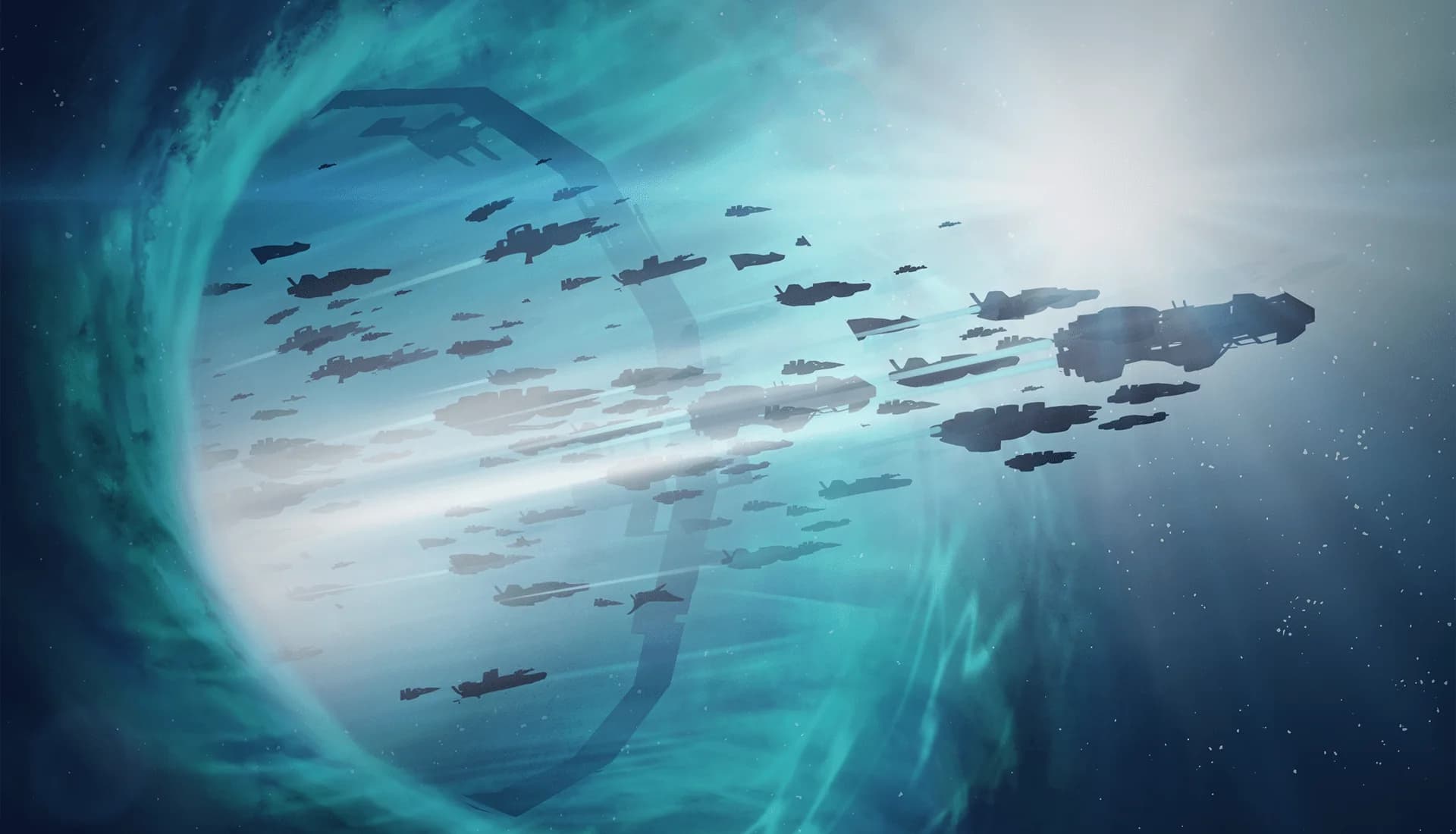 A fleet crossing a vast turquoise nebula
