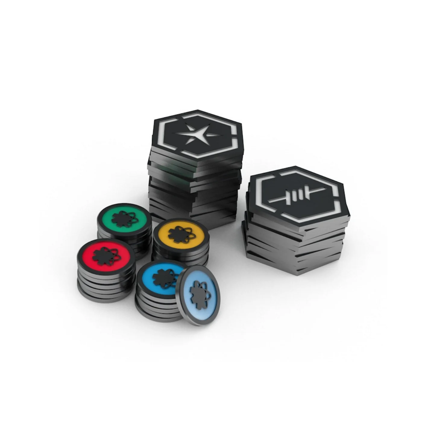 Stacks of Fractal metal coins and hexagonal medals